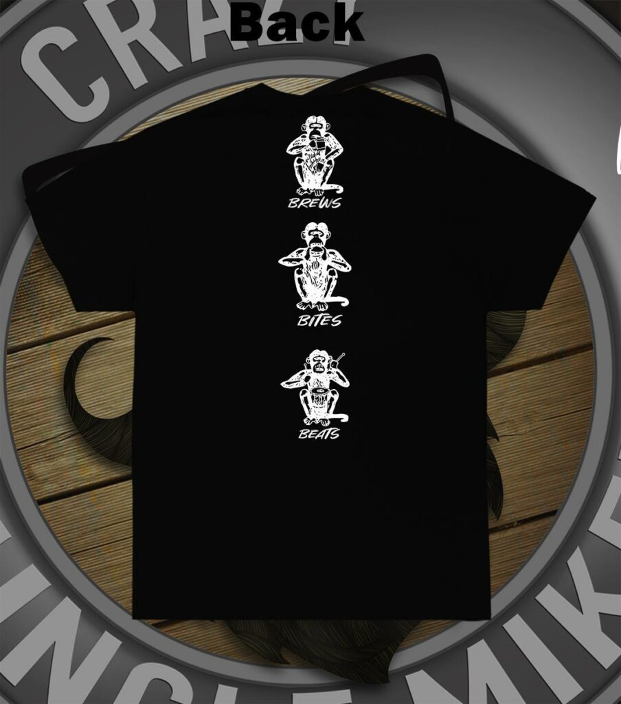 tshirt with monkeys and Brew, Bite, Beats text